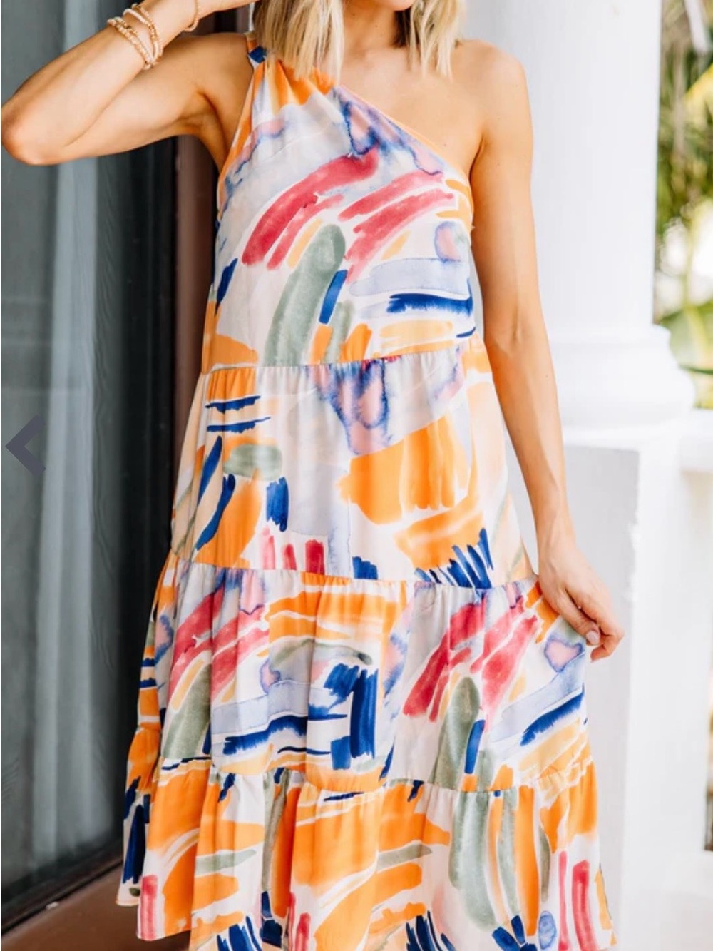 Shop the Mint Boutique One-Shoulder Multicolor Sz L Brushstroke Tiered Dress
